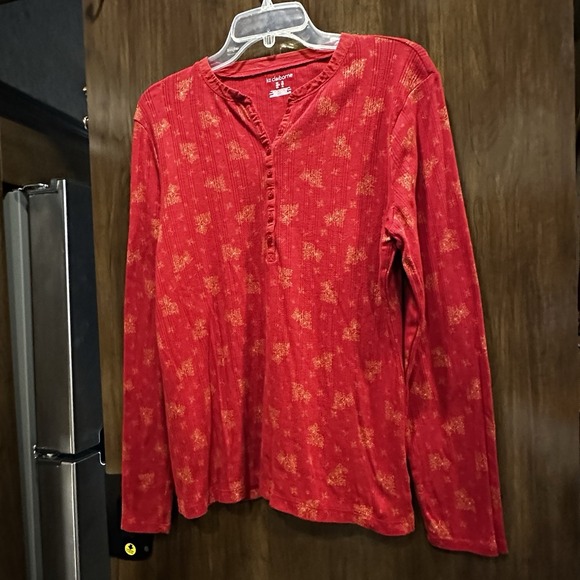 Liz Claiborne Tops - Liz Claiborne Long Sleeve Henley Top Size XL Red Gold Floral 100% Cotton Cozy